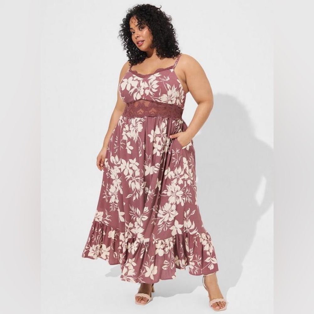 Floral Lace-Waist Maxi Dress in Mauve Pink
